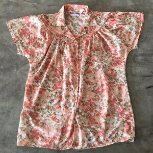 Vintage 60s 70s Shirt Womens Medium Floral Button Sheer Cottage Granny Pink Art